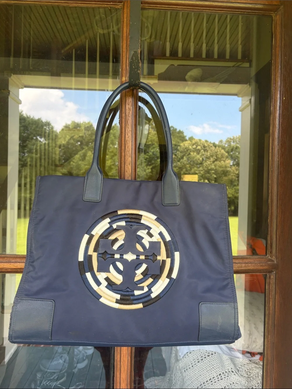 Tory Burch Ella Embroidered Logo Nylon & Leather Tote Bag. Navy